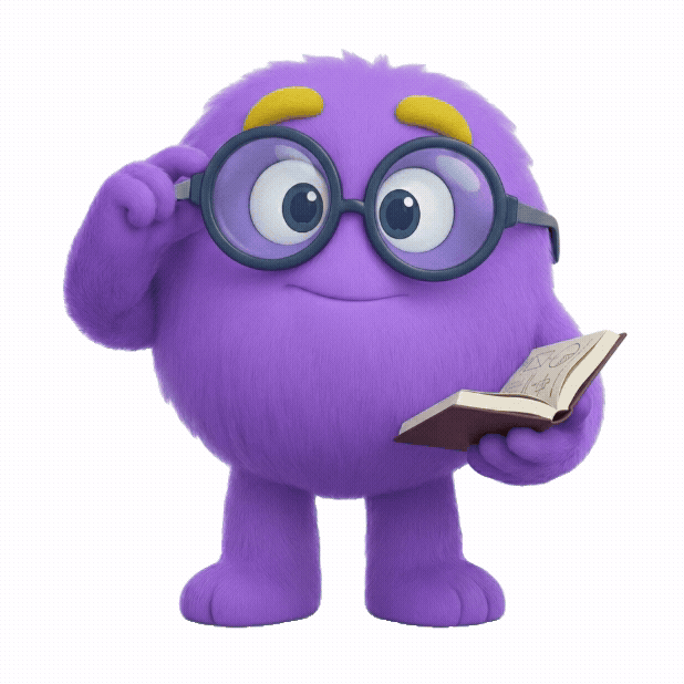 Smooth’s purple mascot in round glasses, reading a book